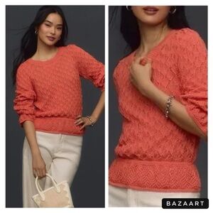 NWT Anthropologie Flounce-Hem Pointelle Sweater Sz M